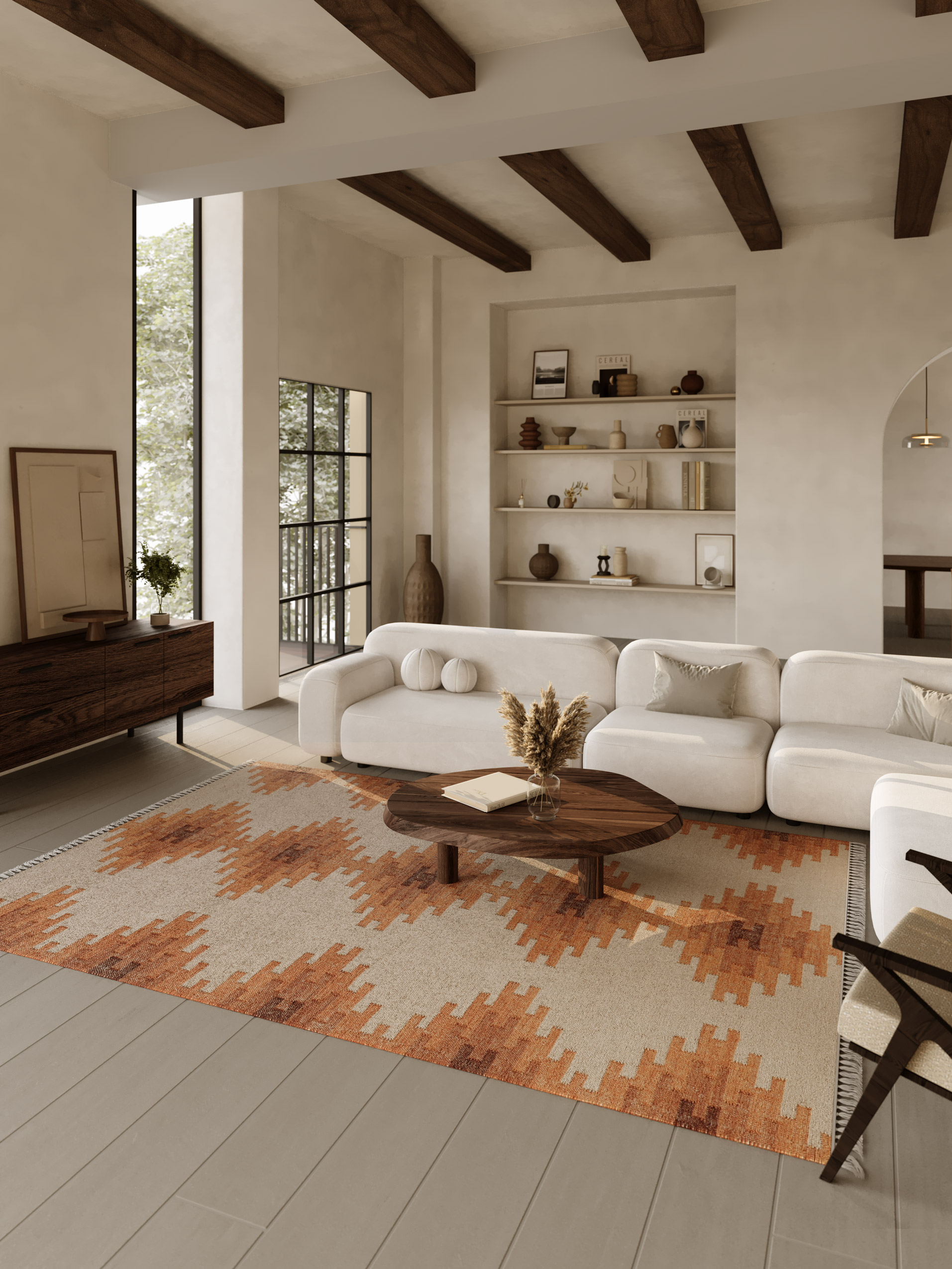 Kelim Teppich Beige Terracotta aus Wolle 