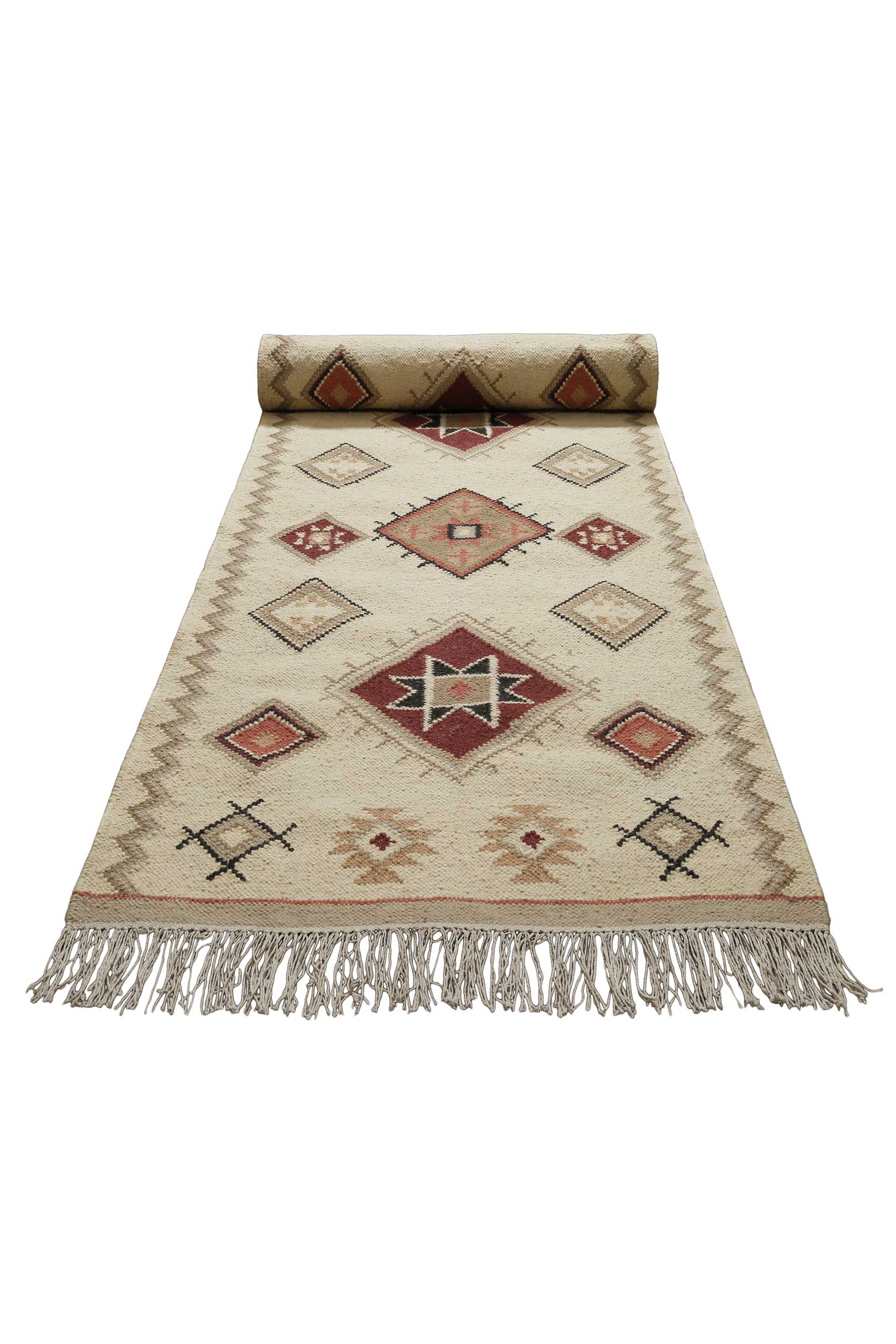 Kelim Teppich Creme Beige Rot aus Wolle » Brionne « Green Looop - Ansicht 8