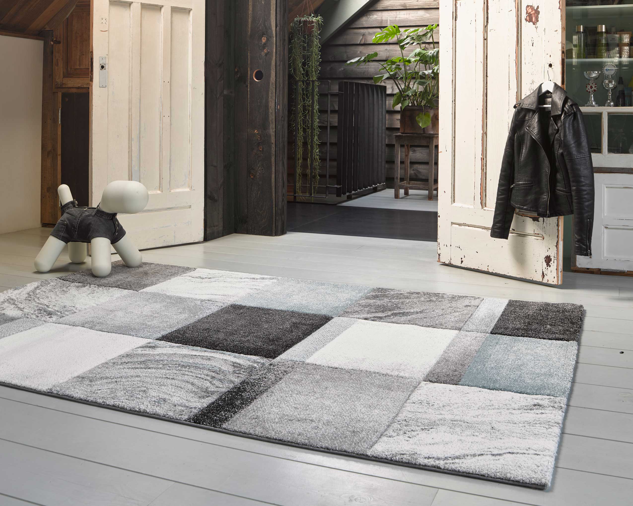 Teppich Kurzflor Grau Silber Blau 