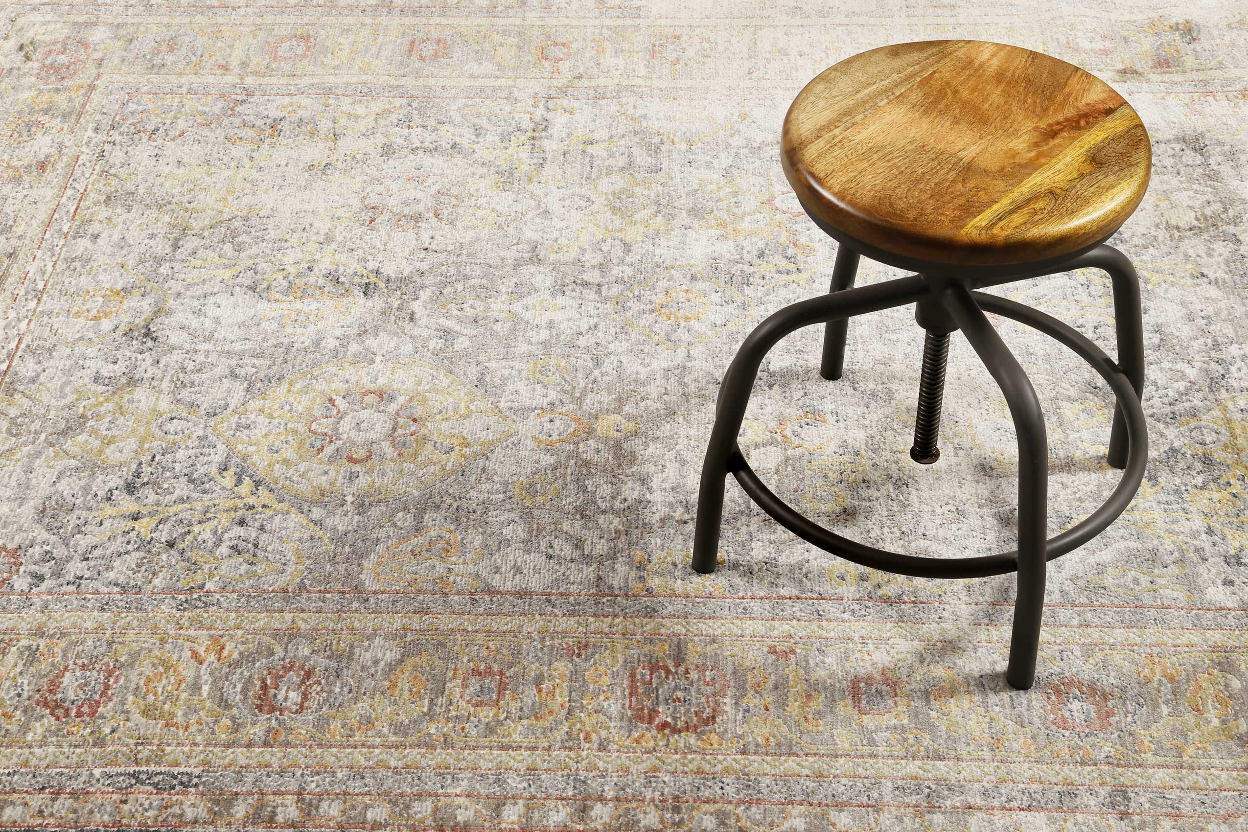 Teppich Grau Gelb Vintage Kurzflor 