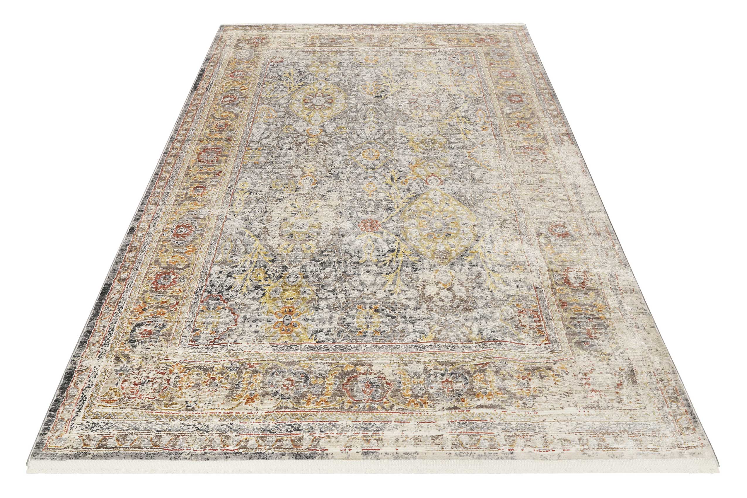 Teppich Grau Gelb Vintage Kurzflor 