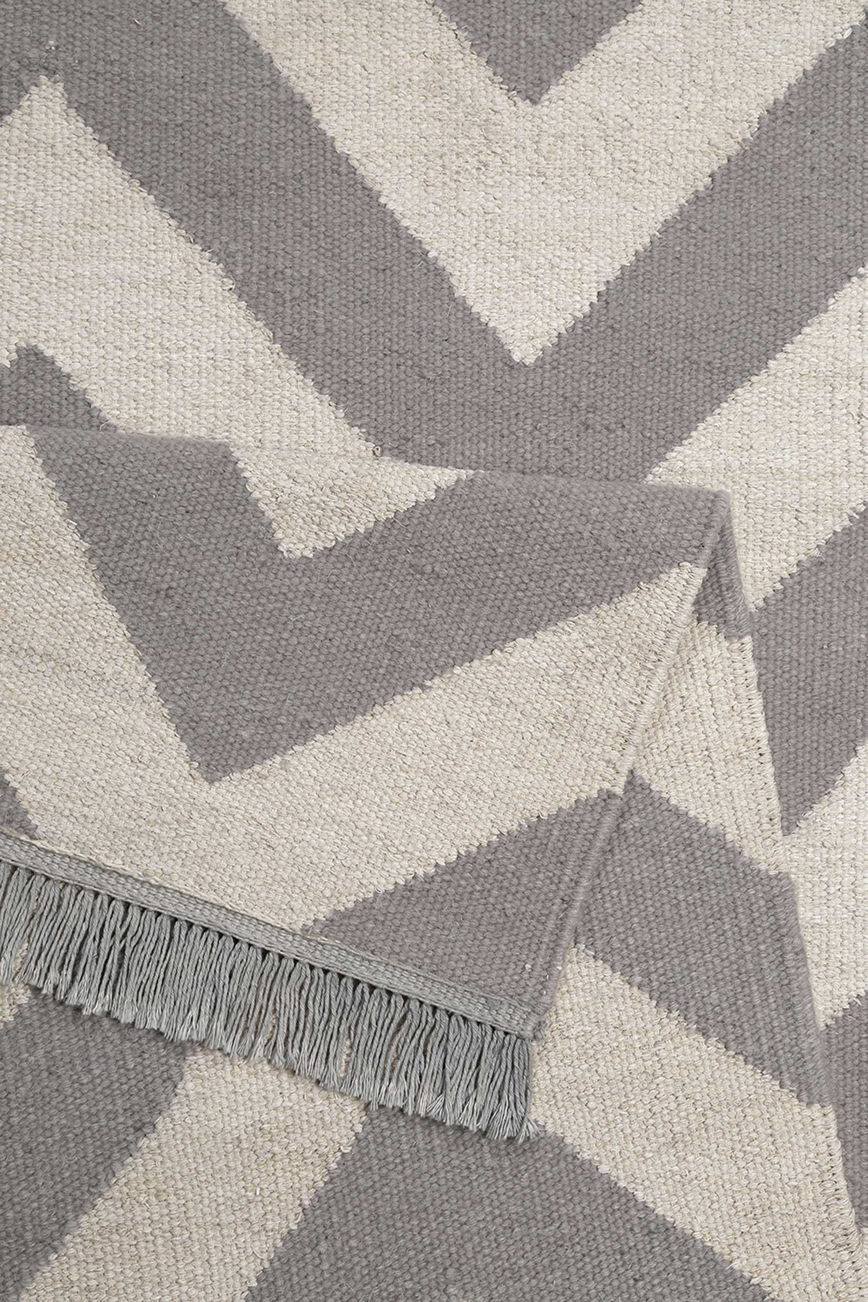 Kelim Teppich Grau Creme Beige  aus Wolle & Hanf 