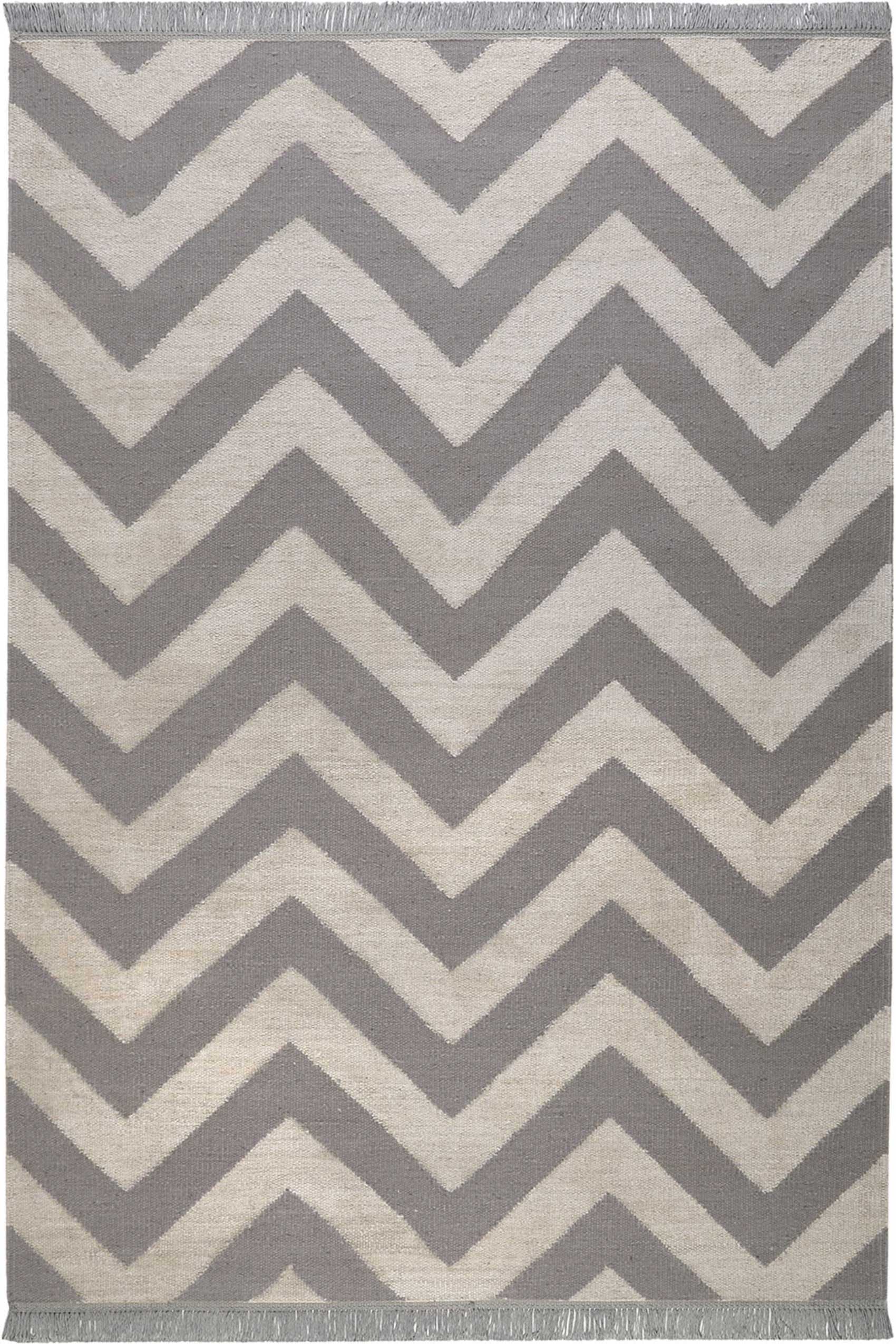 Kelim Teppich Grau Creme Beige  aus Wolle & Hanf 